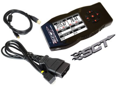 Vehicle performance tuner with cables and brand logo.