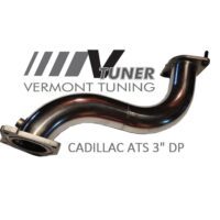 Stainless steel downpipe for cadillac ats with vermont tuning branding.