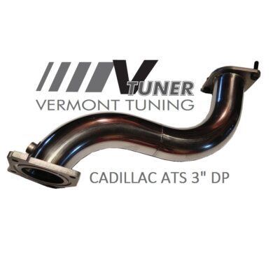 Stainless steel downpipe for cadillac ats with vermont tuning branding.