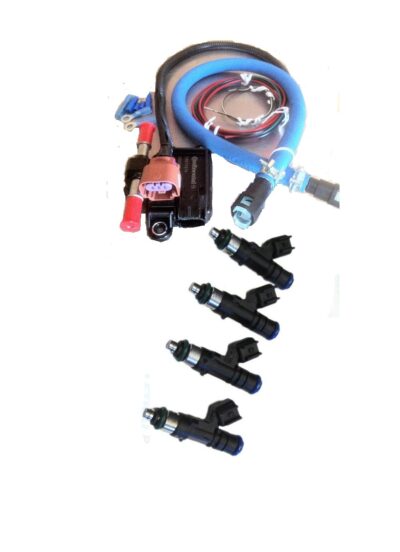 A set of vehicle fuel injectors and components on a white background.