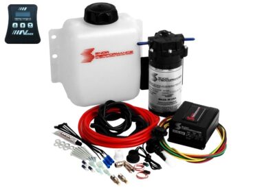 Water-methanol injection kit for engine performance enhancement, including reservoir, pump, lines, and electronics.