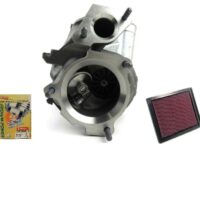 A turbocharger with an air filter and performance upgrade manual.