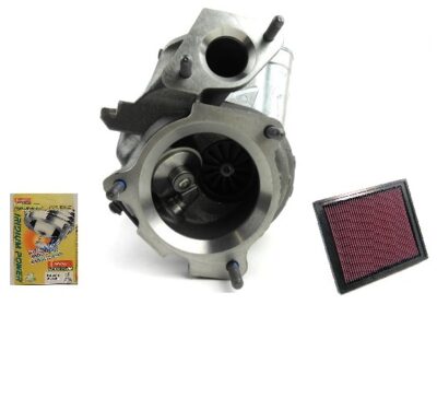 A turbocharger with an air filter and performance upgrade manual.