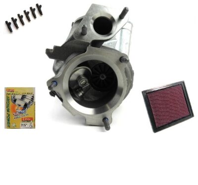 Turbocharger assembly with a performance air filter and replacement bolts.