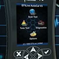 Handheld automotive diagnostic and tuning device displaying its main menu options on a screen.