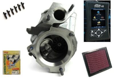 Various aftermarket automotive parts and accessories, including a turbocharger, performance air filter, screws, and a handheld tuning device.