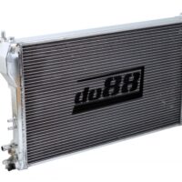 Aluminum performance car radiator with do88 logo.